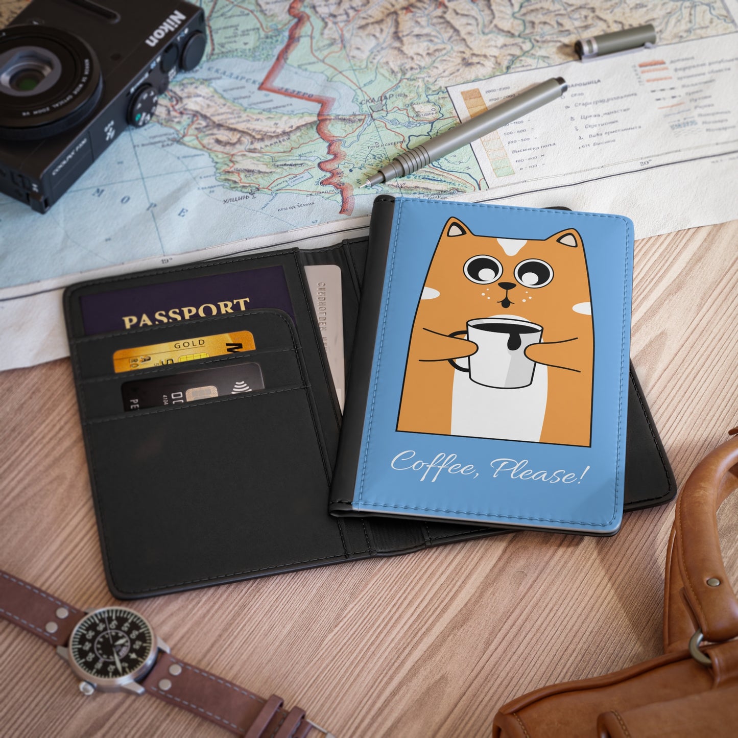 Coffee, Please! Cute Kitten Passport Cover - Light Blue